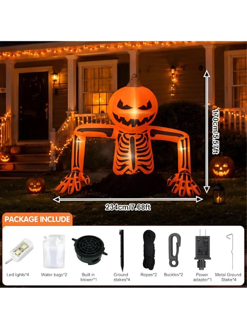 7.7Ft Halloween Inflatables Pumpkin Skeleton Decorations with LED Lights